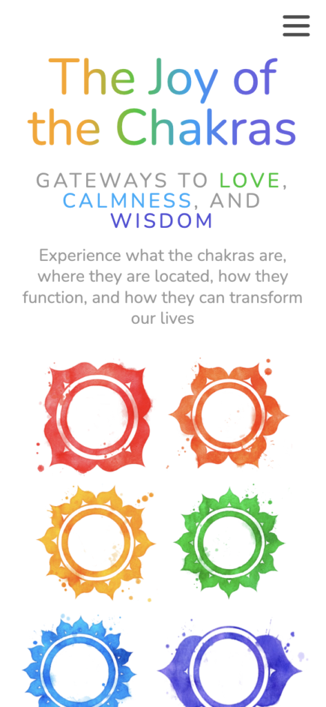 Mobile phone version of the Joy of the Chakras website, with beautiful design